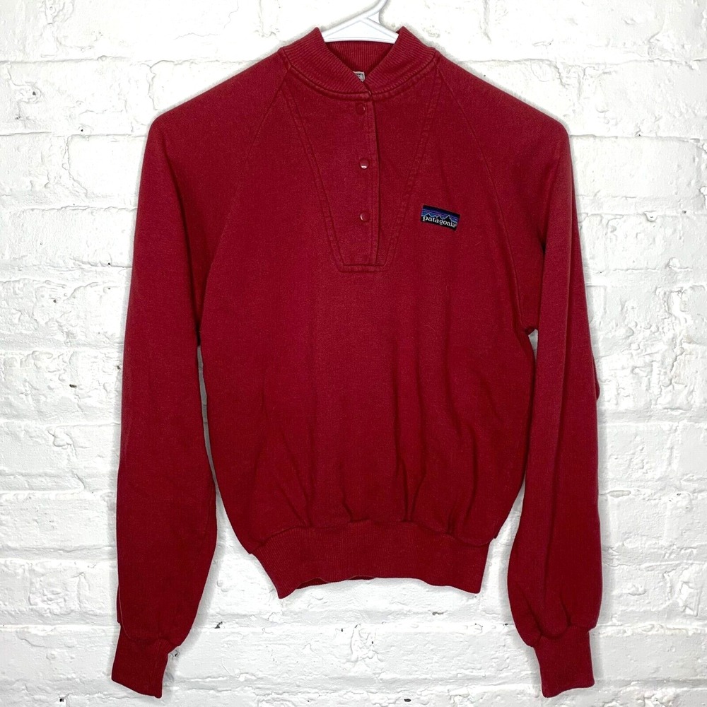 VTG PATAGONIA Kids Sweatshirt Snap Button Fleece USA 9/10 Small Red‎ Long Sleeve
